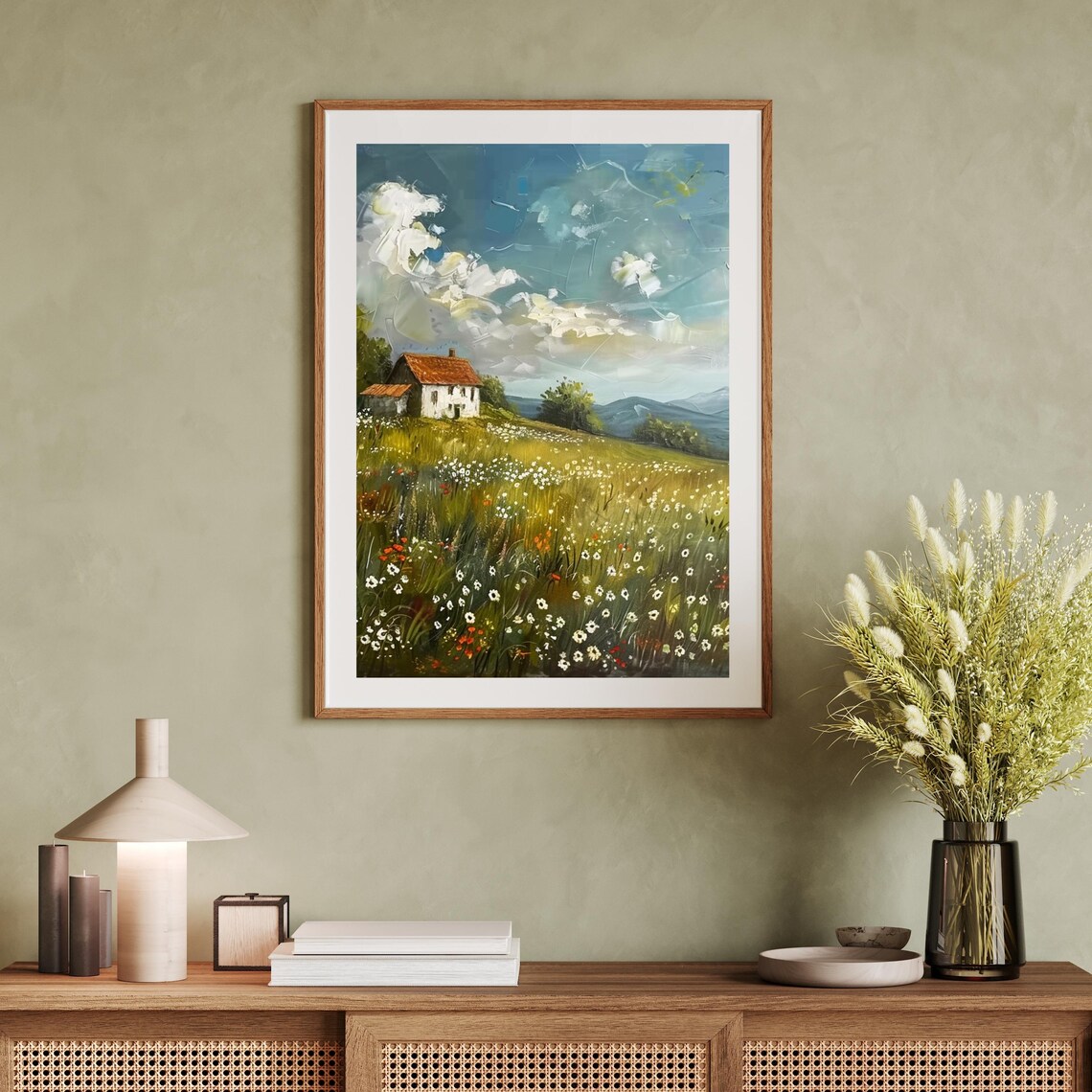 Wildflower Meadow With White Farmhouse Impasto Clouds Rustic Art Poster - Image 2