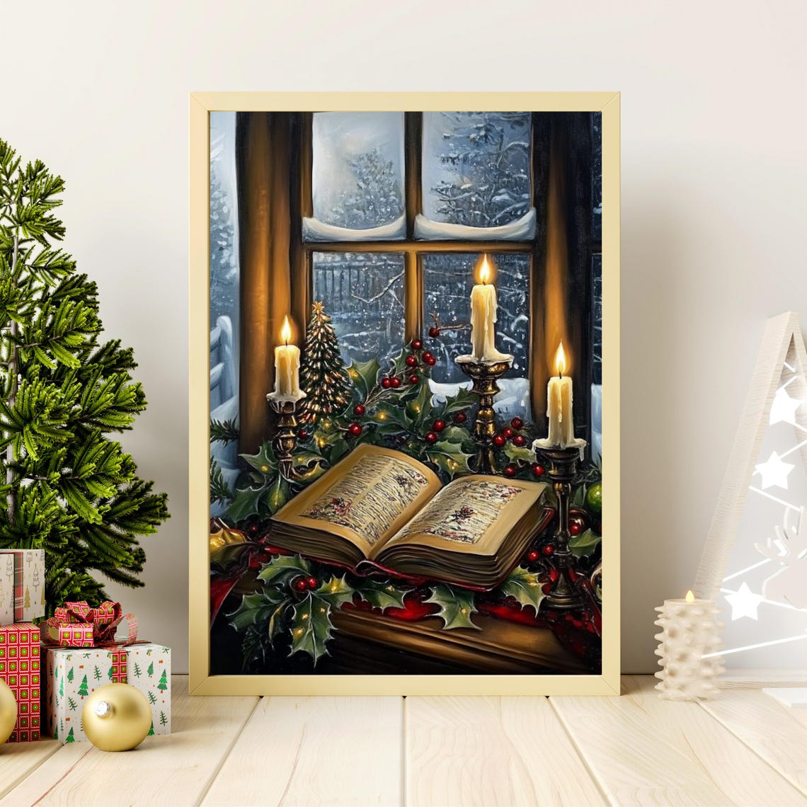 Vintage Christmas Wall Art Book Art Still Life Vintage Christmas Oil Painting Dark Academia Moody Decor Window Sill Painting 747 - Image 4