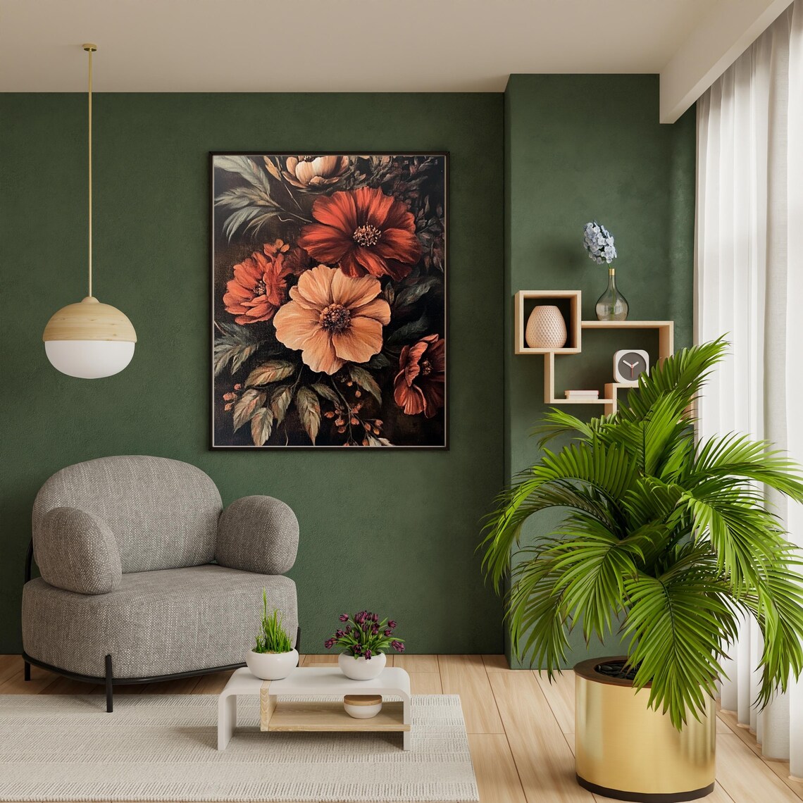 Moody Dark Floral Painting with Burnt Orange Blooms Vintage Art Poster - Image 5