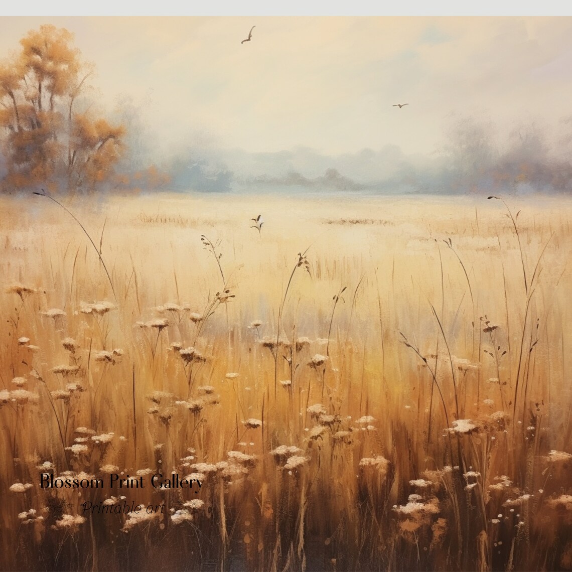 Golden Autumn Meadow Mist Soft Wildflowers Fall Prairie Landscape Poster - Image 3