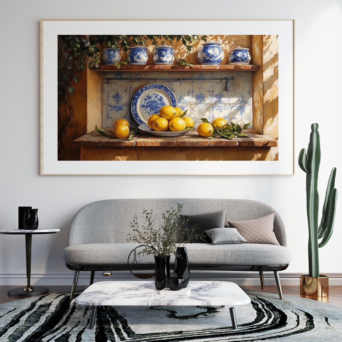 Mediterranean Kitchen Still Life Lemons Blue White Pottery Sunny Poster - Image 4