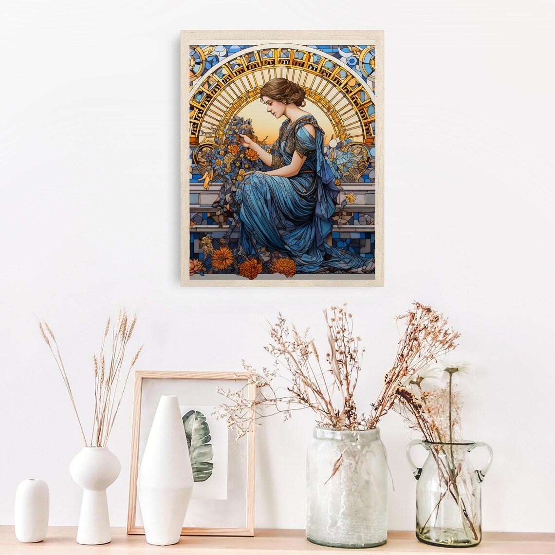 Art Nouveau Stained Glass Woman with Marigolds Painting Poster - Image 5