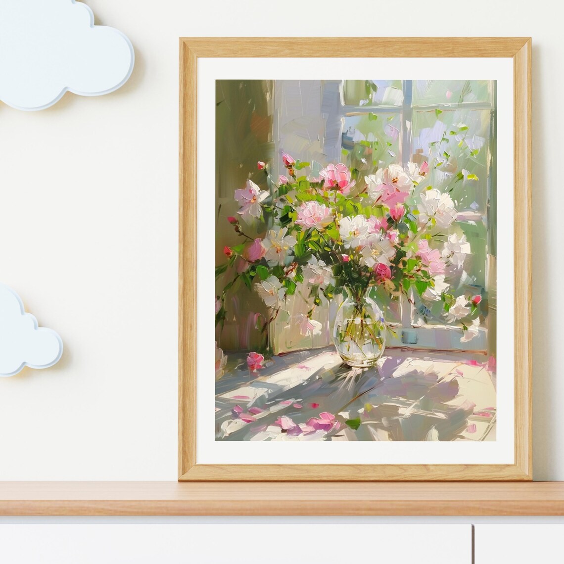 Sunlit Pink Roses in Glass Vase by Window Impressionist Floral Painting Poster - Image 5