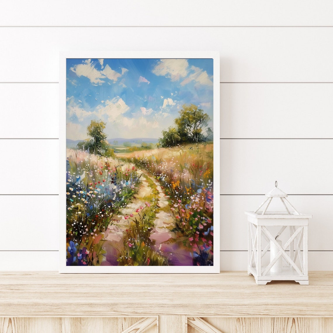 Wildflower Meadow Path Under Bright Blue Summer Sky Art Poster - Image 5