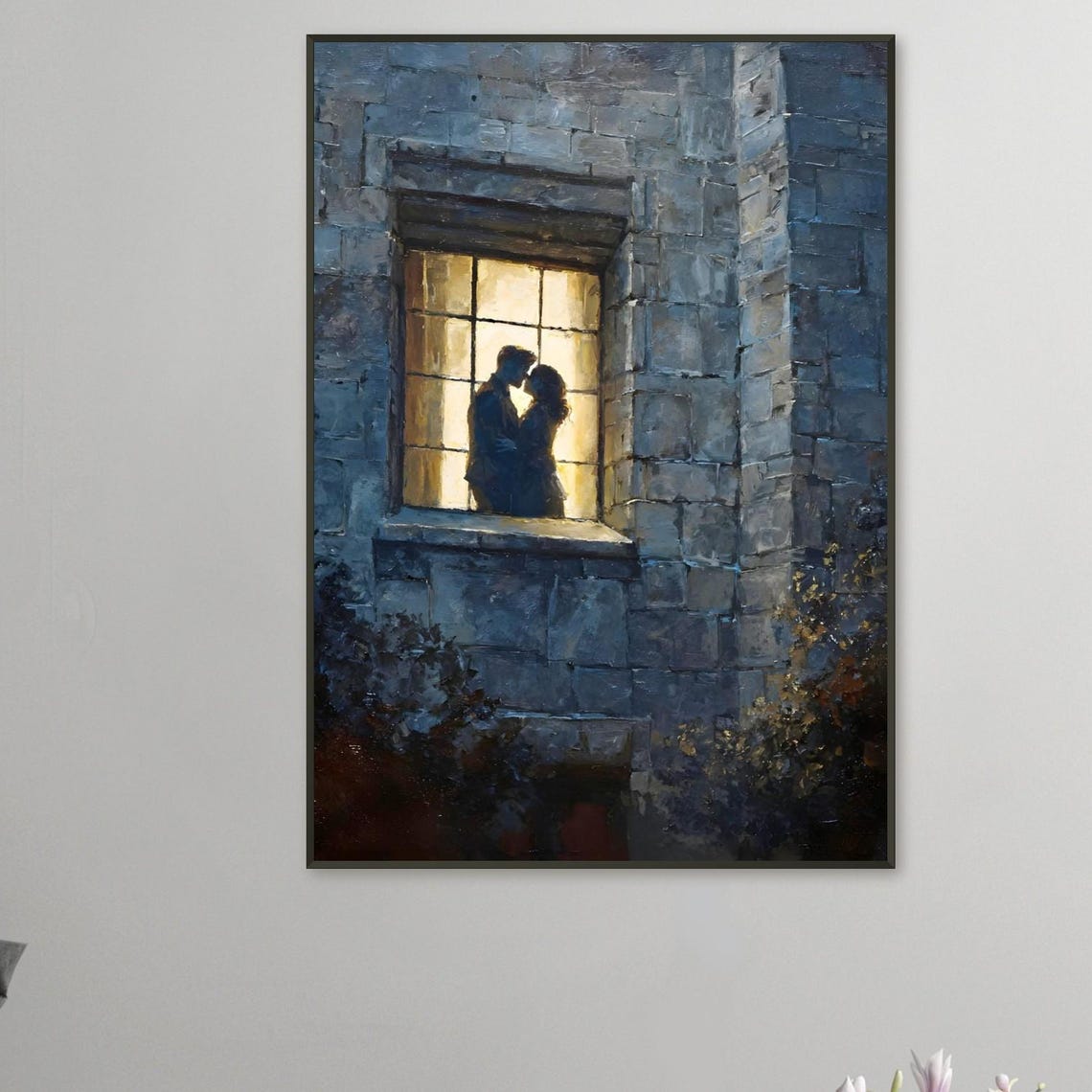 Romantic Couple Silhouette in Lit Window Night Moody Oil Painting Poster