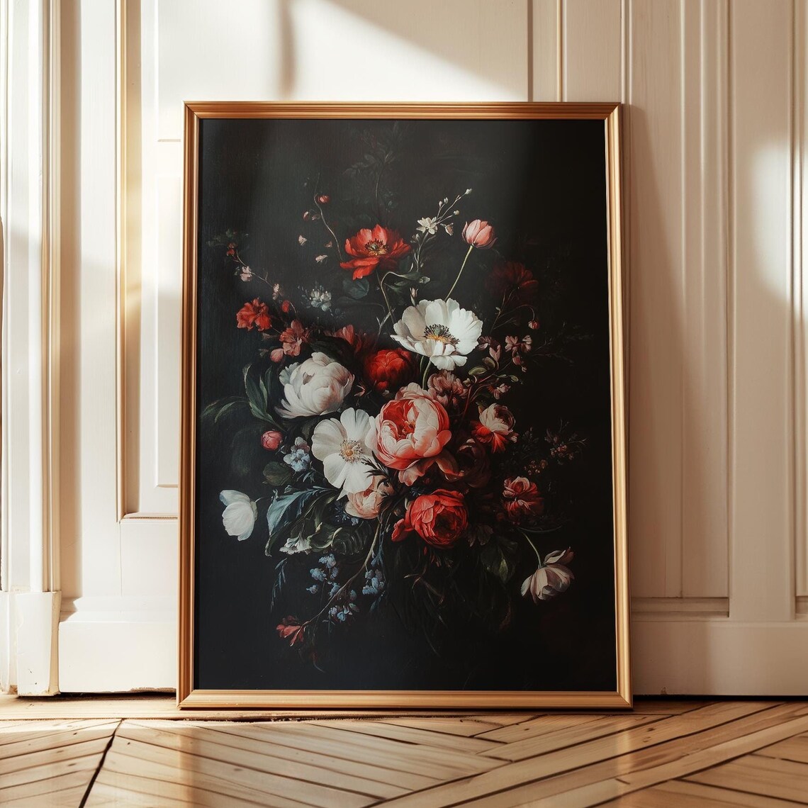 Dark Moody Peonies Bouquet Floral Still Life Oil Painting Poster