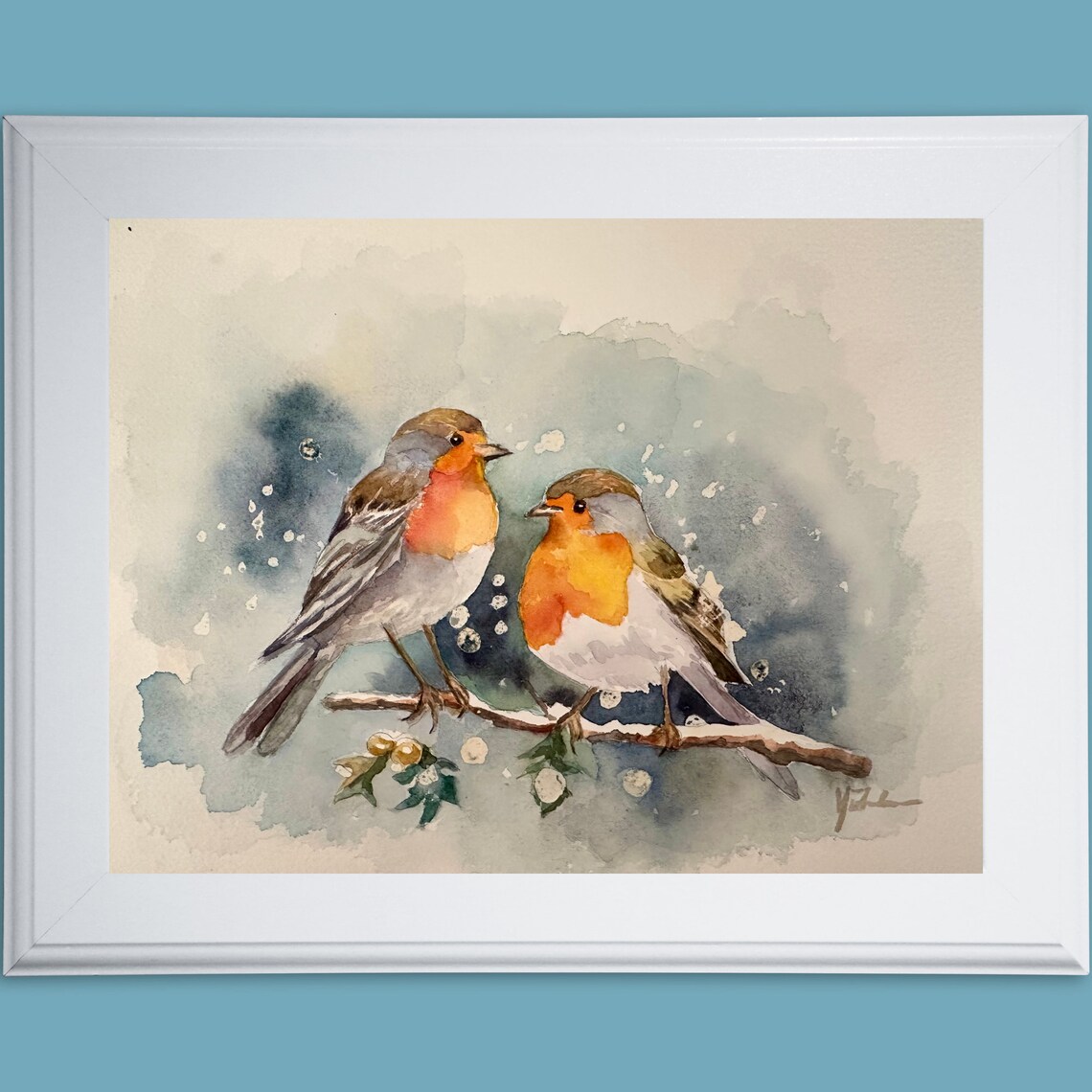 Pair of Robins in Winter Snow Watercolor Christmas Bird Poster