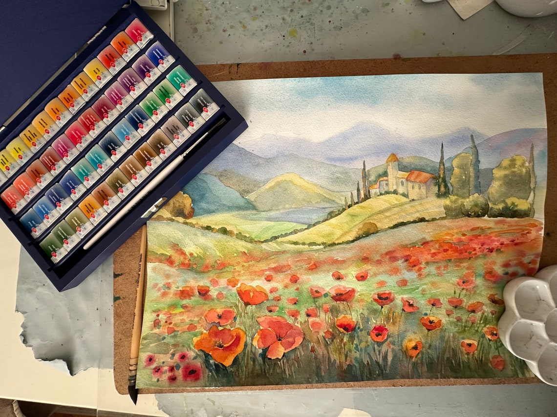 Poppies Field Original Watercolor Painting Floral Wall Art Wall Decor Poppy Meadow Landscape Flowery Countryside Art Landscape Painting - Image 3