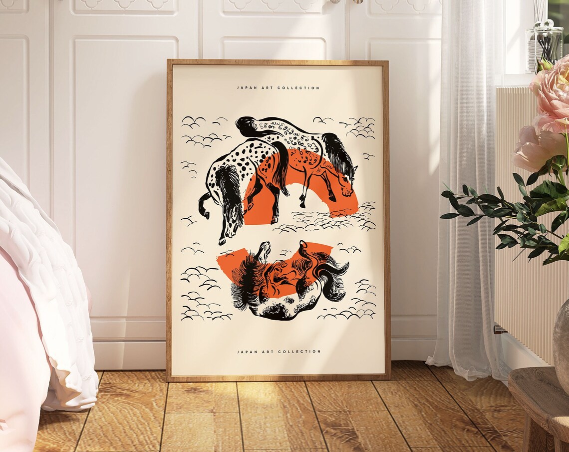 Japanese Horses Vintage Illustration, Asian Gallery Art