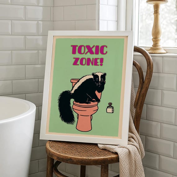 Toxic Zone Funny Bathroom Wall Art Quirky Skunk Toilet Poster Humorous Restroom Sign Retro Decor Funky