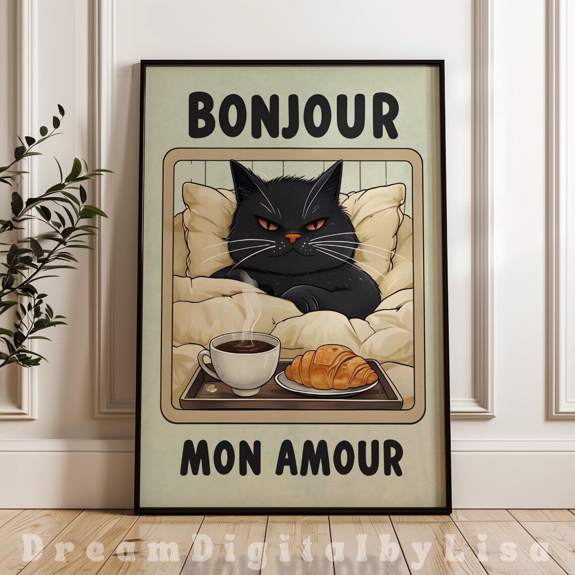 Bonjour Mon Amour Grumpy Black Cat In Bed French Kitchen Poster
