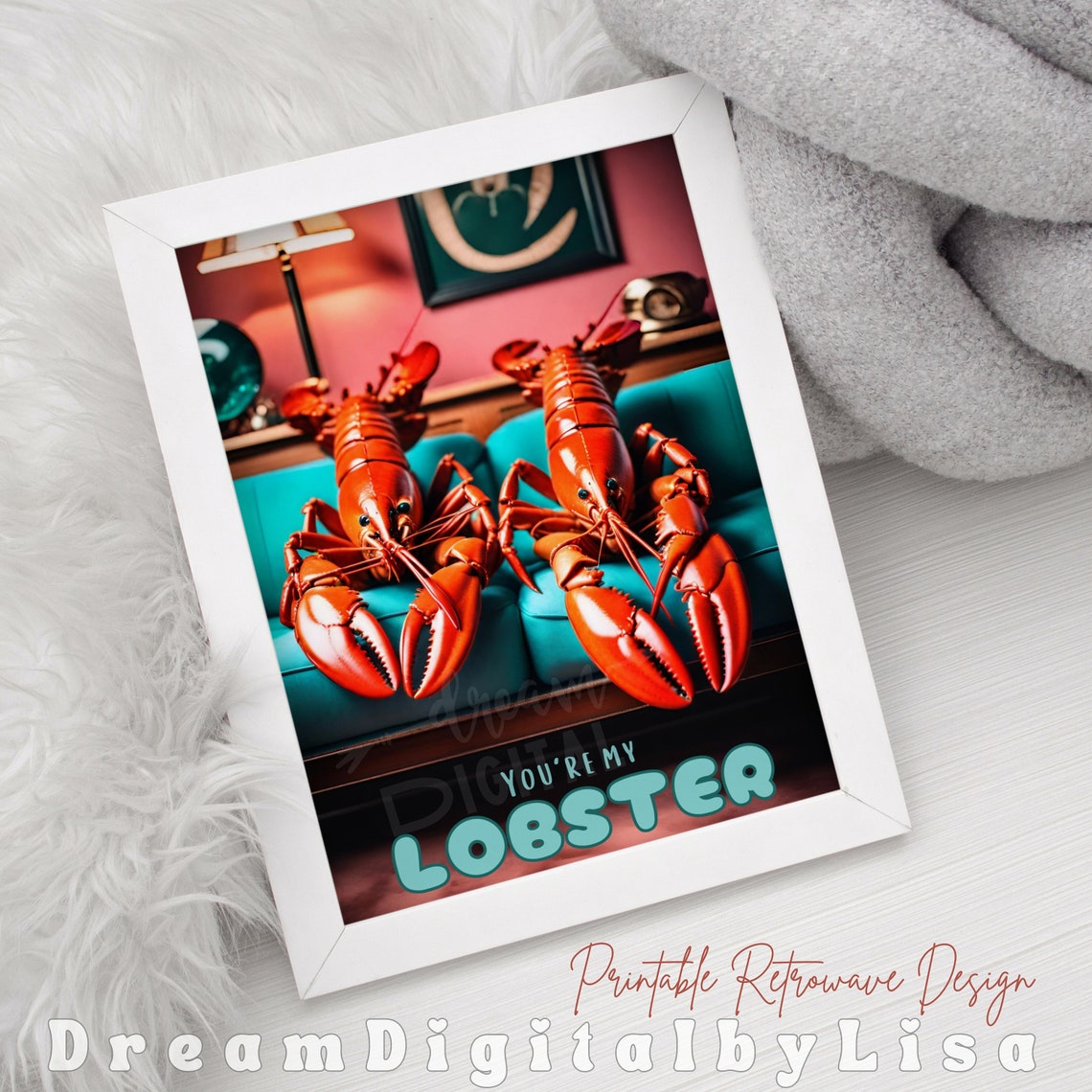Youre My Lobster Funny Red Lobsters on Retro Couch Valentines Poster - Image 3