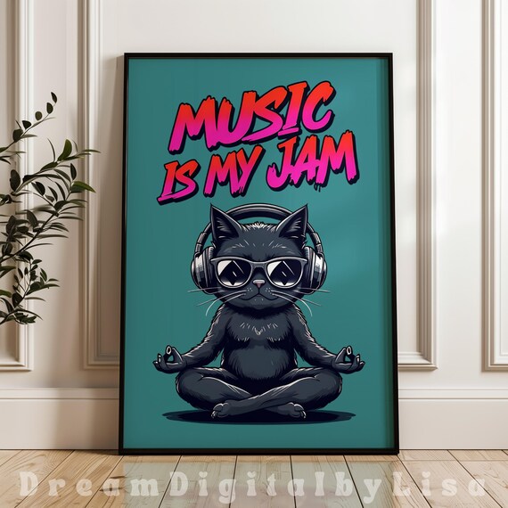 Music Is My Jam Cool Headphone Cat Meditating Teal Music Poster