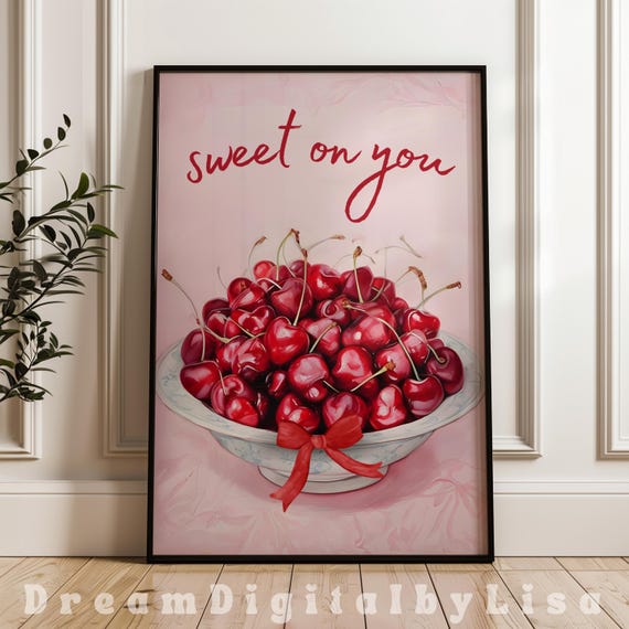 Cherries Sweet On You Romantic Print Kitchen Cherry Wall Art Love Gift Valentines Food Pink Wall Art Fianc Gifts
