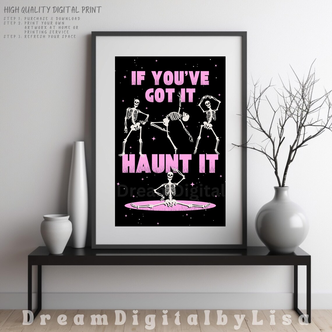 If Youve Got It Haunt It Halloween Poster Dancing Skeletons Pink Black - Image 4