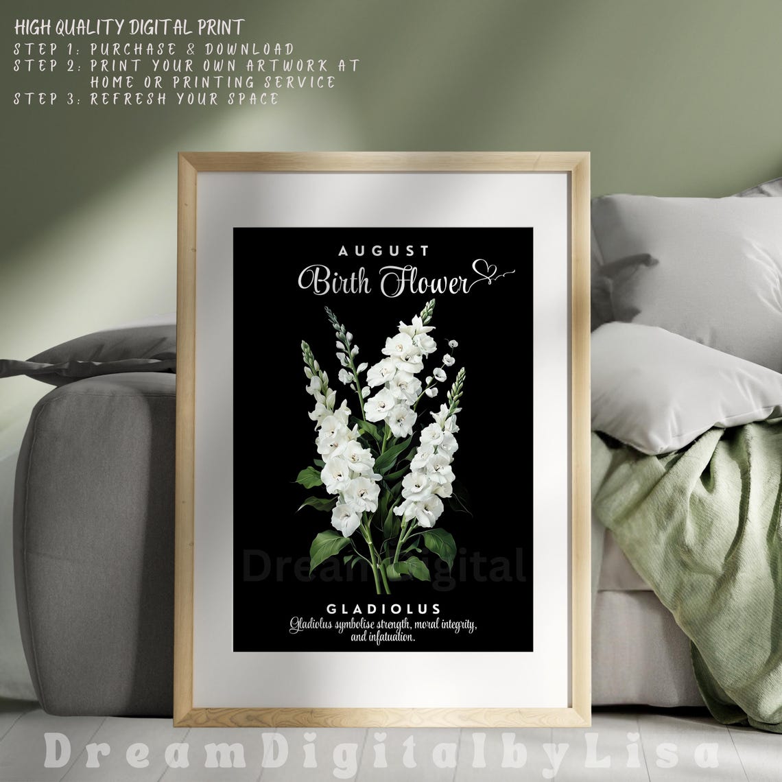 August Birth Flower Gladiolus White Botanical Floral Gift Poster - Image 3