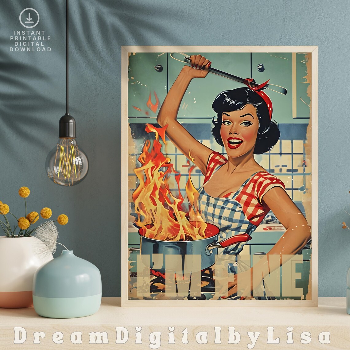 1950s Retro Funny I'm Fine Kitchen Art Print - Image 4