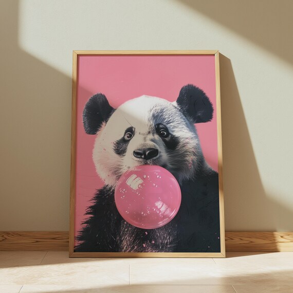 Cute Panda Blowing Pink Bubblegum Funny Animal Kids Room Poster