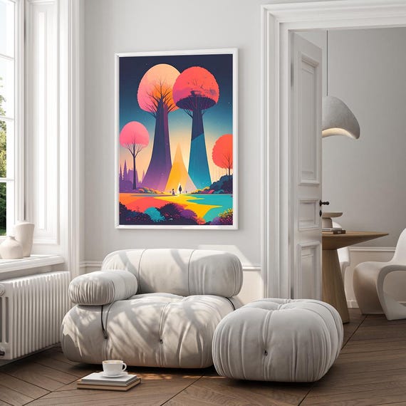 Enchanted Twilight Forest Surreal Landscape Print Whimsical Nature Wall Art Fantasy Night Scene Poster