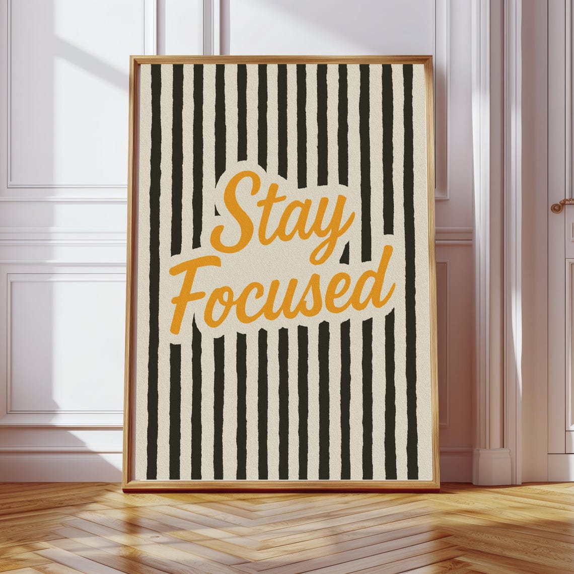 Stay Focused Orange Script Bold Striped Motivational Typography Poster