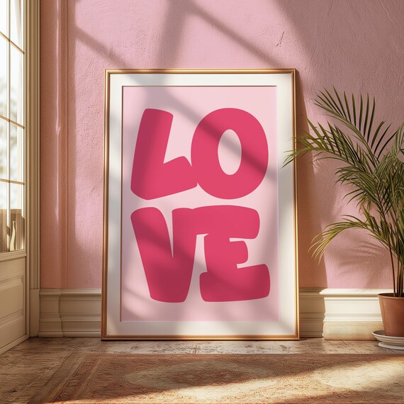 Chunky Bold Pink LOVE Retro Typography Modern Bedroom Wall Art