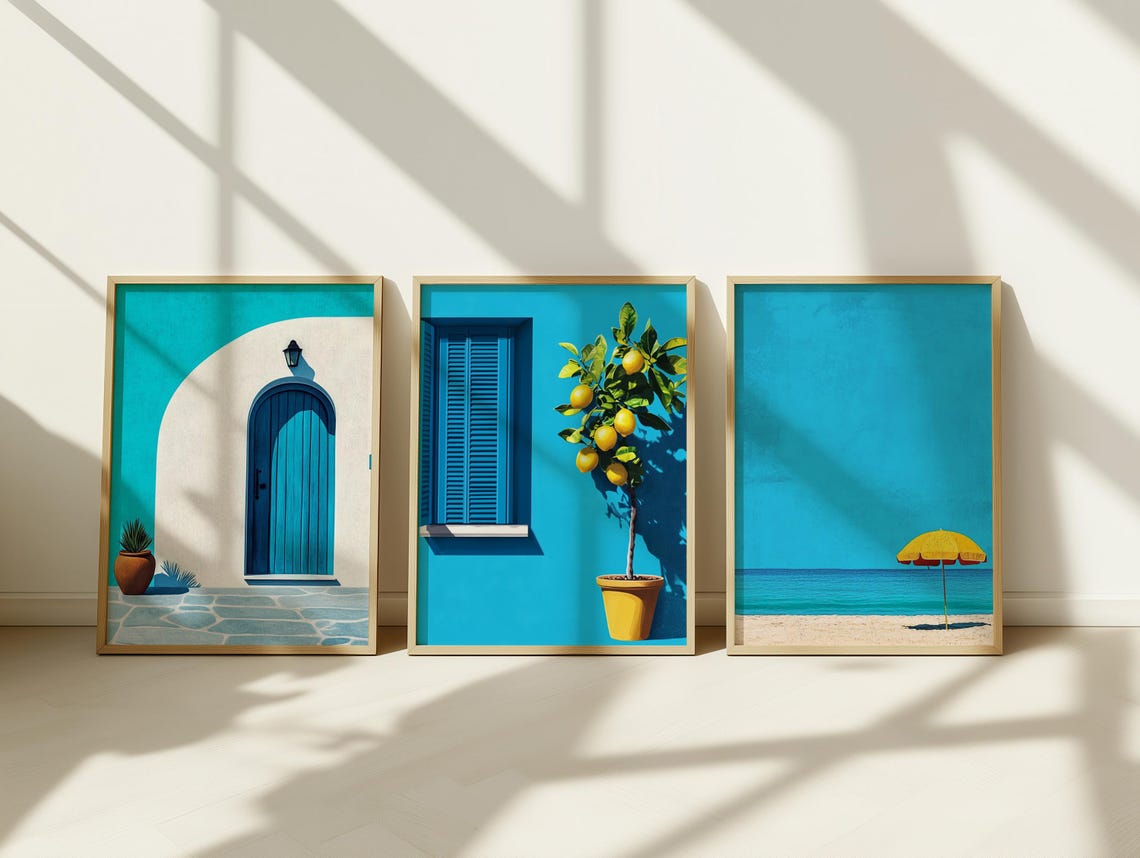 Mediterranean Summer Trio Blue Door Lemon Tree Beach Art Poster Set