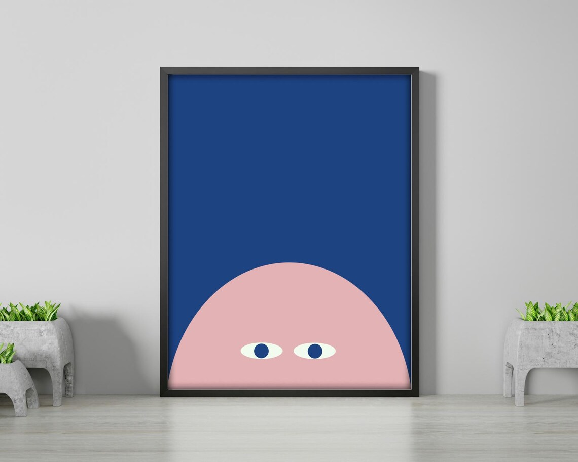 Peeking Face - Minimal Pink & Navy Wall Print - Image 3