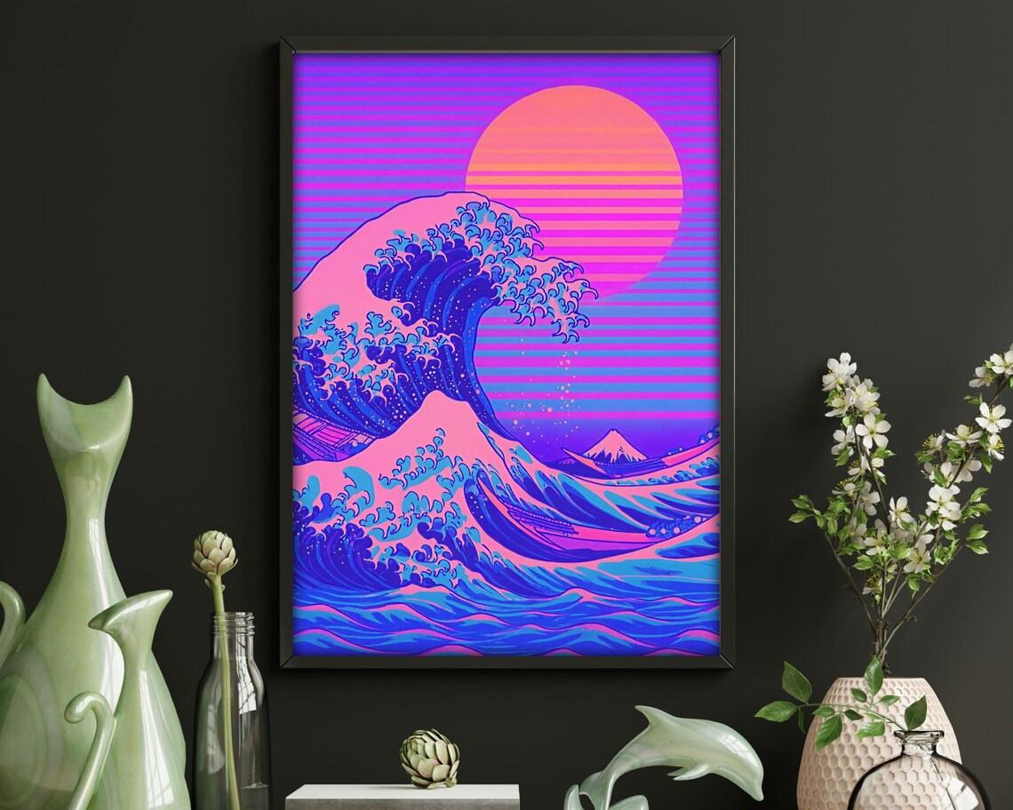 Vaporwave Great Wave Retro Japanese Ocean Poster