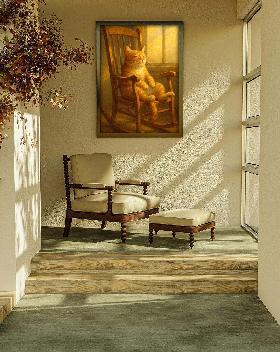 Sunbathing Cat In Rocking Chair, Cozy Vintage Animal Art - Image 3