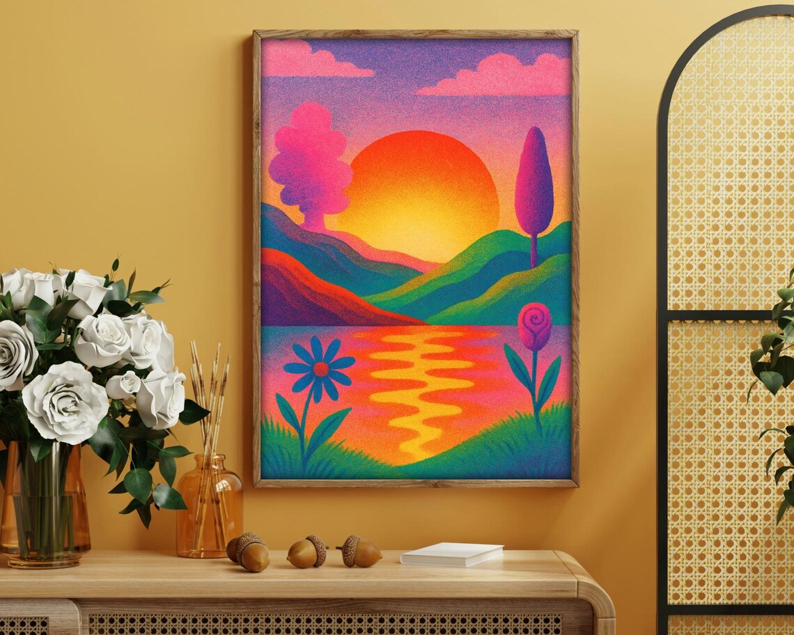 Whimsical Retro Sunset Landscape, Pop Art Print - Image 3