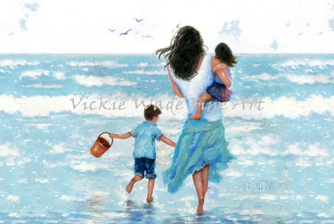 Beach Mother Son And Daughter Art Print Splashing In Waves Beach Boy And Girl Big Brother Little Sister Playing In Ocean Vickie Wade