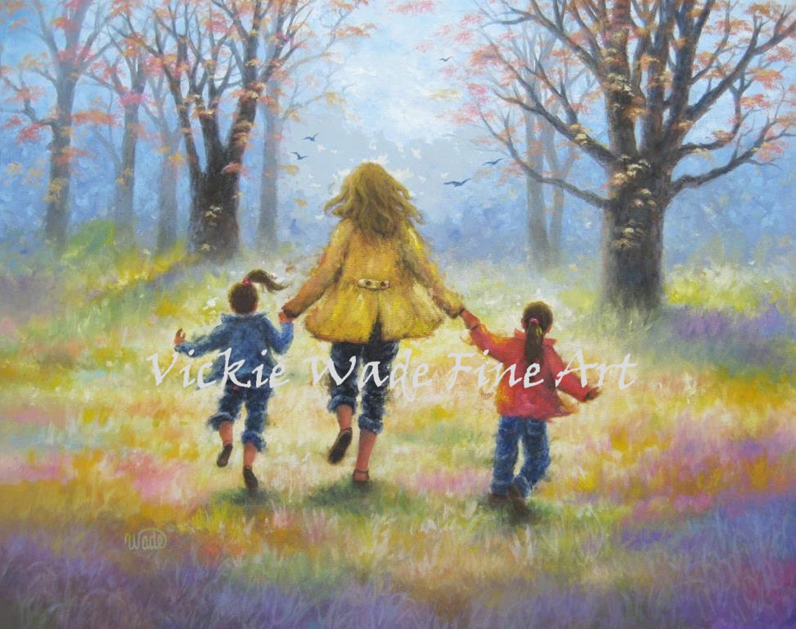 Mother Holding Hands with Two Daughters in an Autumn Forest Poster