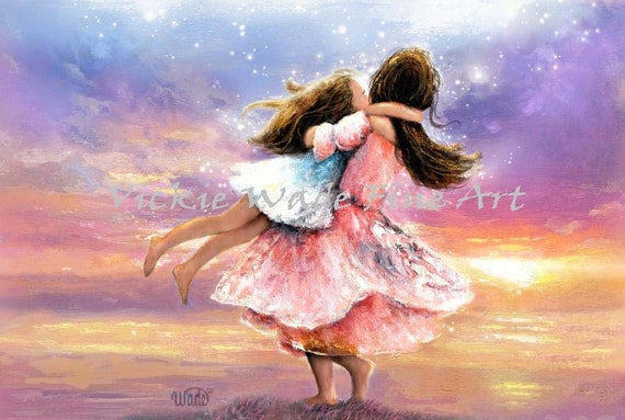 Two Sisters Twirling At Sunset Art Print Two Girls Spinning Brunette Two Daughters Big Sister Little Sister Vickie Wade Art