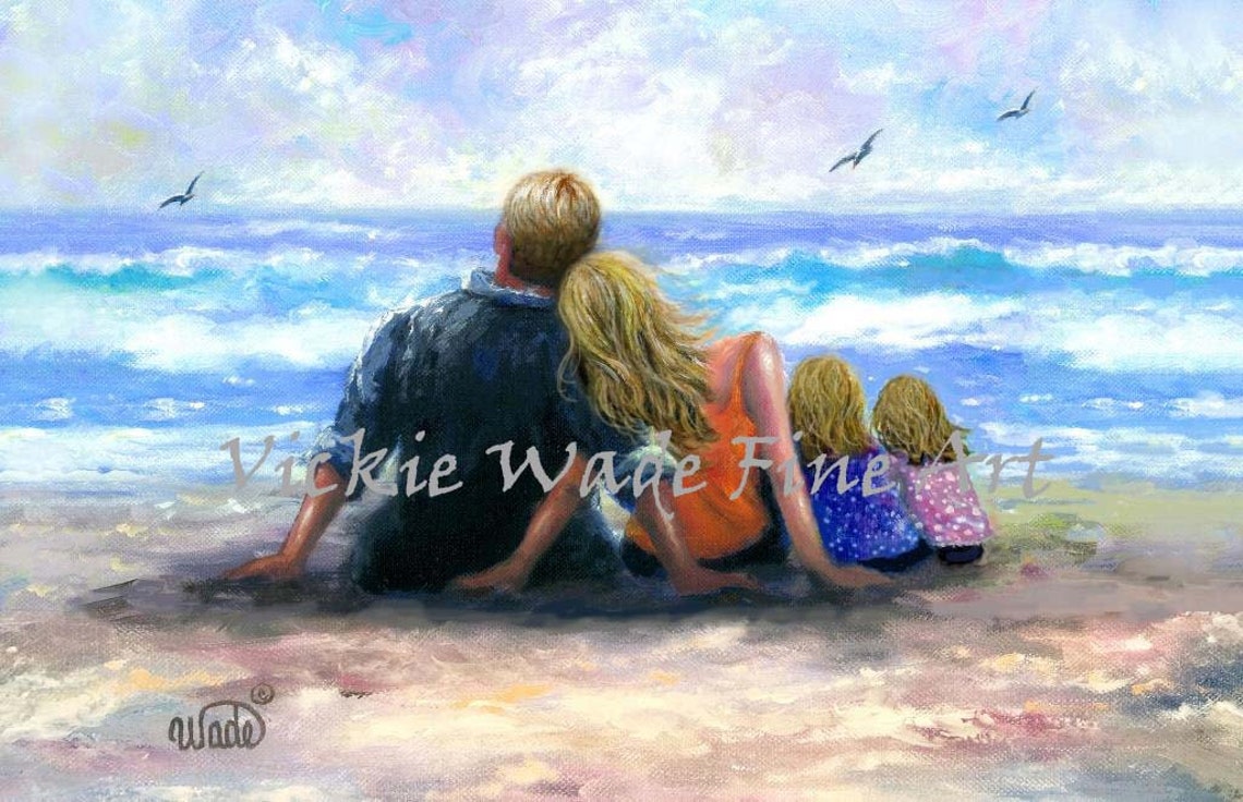 Family Of Four Sitting On The Beach Watching Ocean Waves Poster