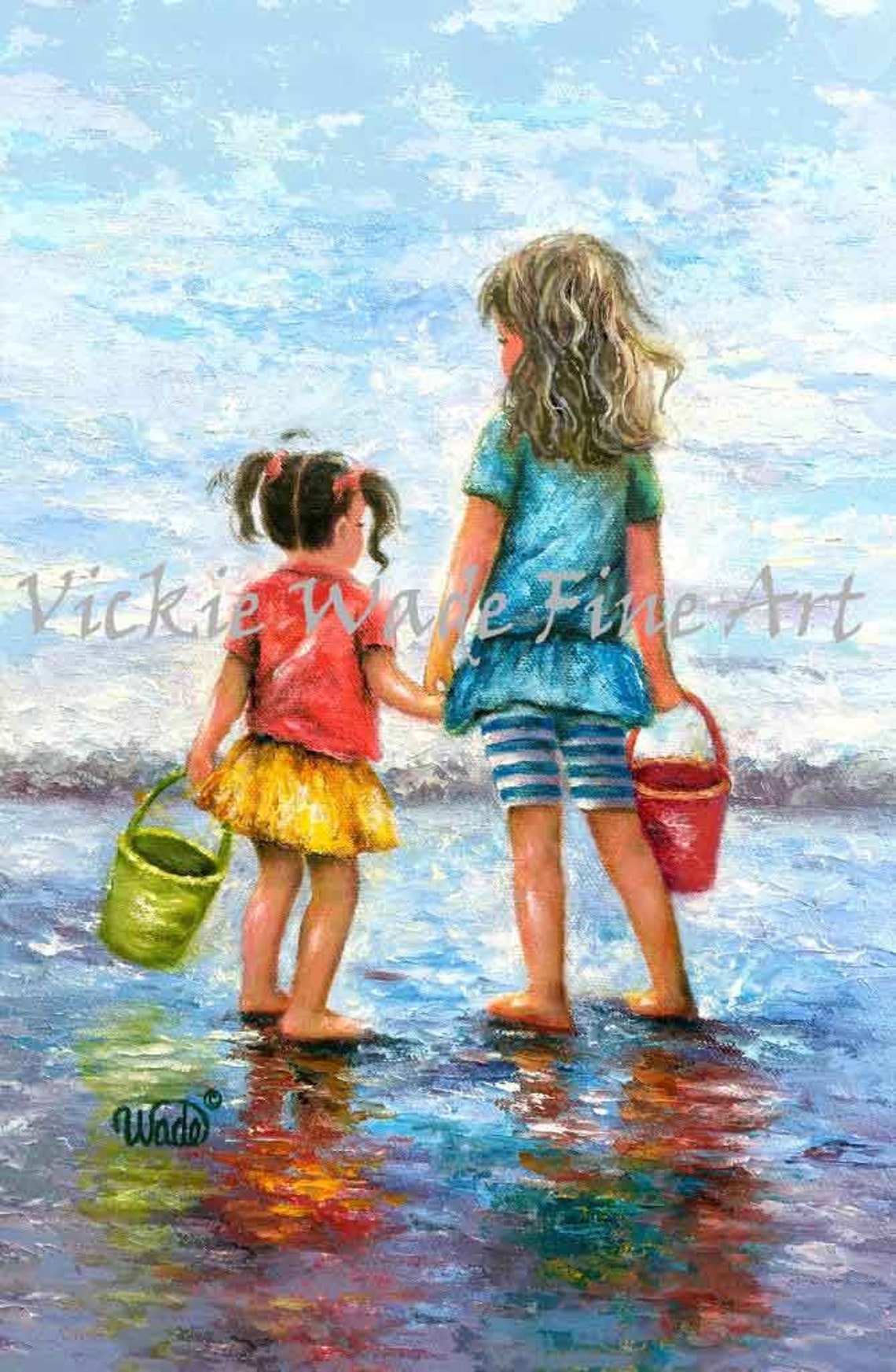 Two Little Sisters Holding Beach Buckets Walking by the Sea Art Poster