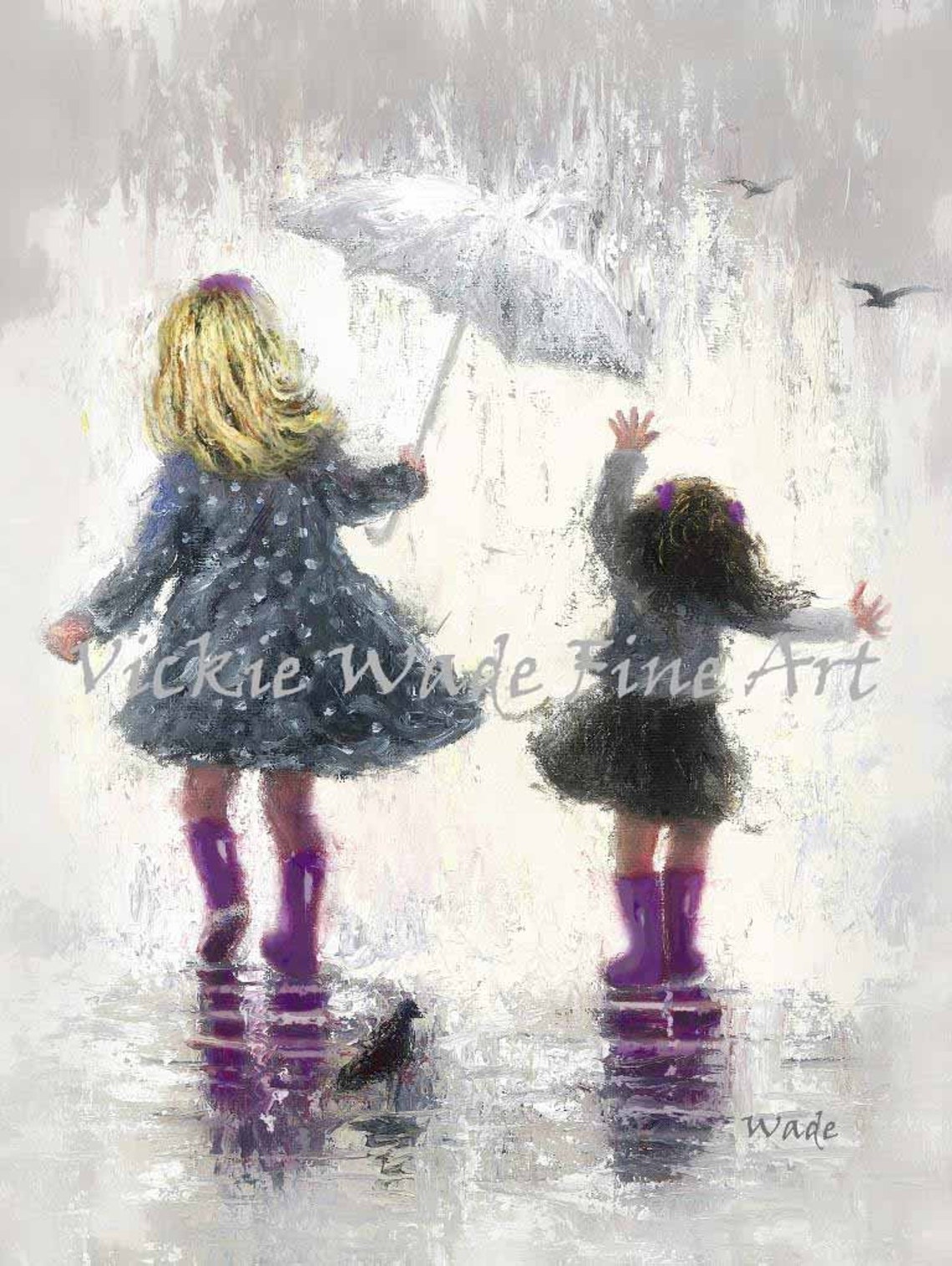 Two Sisters Dancing in the Rain With Umbrella and Boots Poster - Image 3