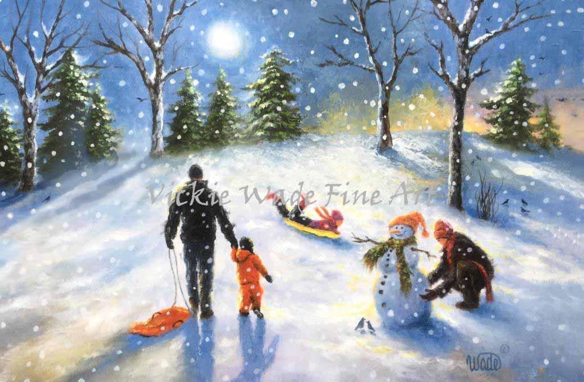 Father Pulling Sled with Kids Playing in Moonlit Winter Snow Poster