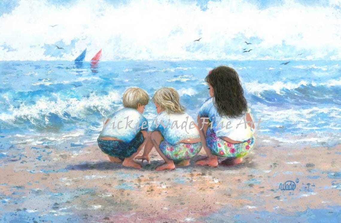 Three Children Digging For Treasures In The Sand At Beach Poster