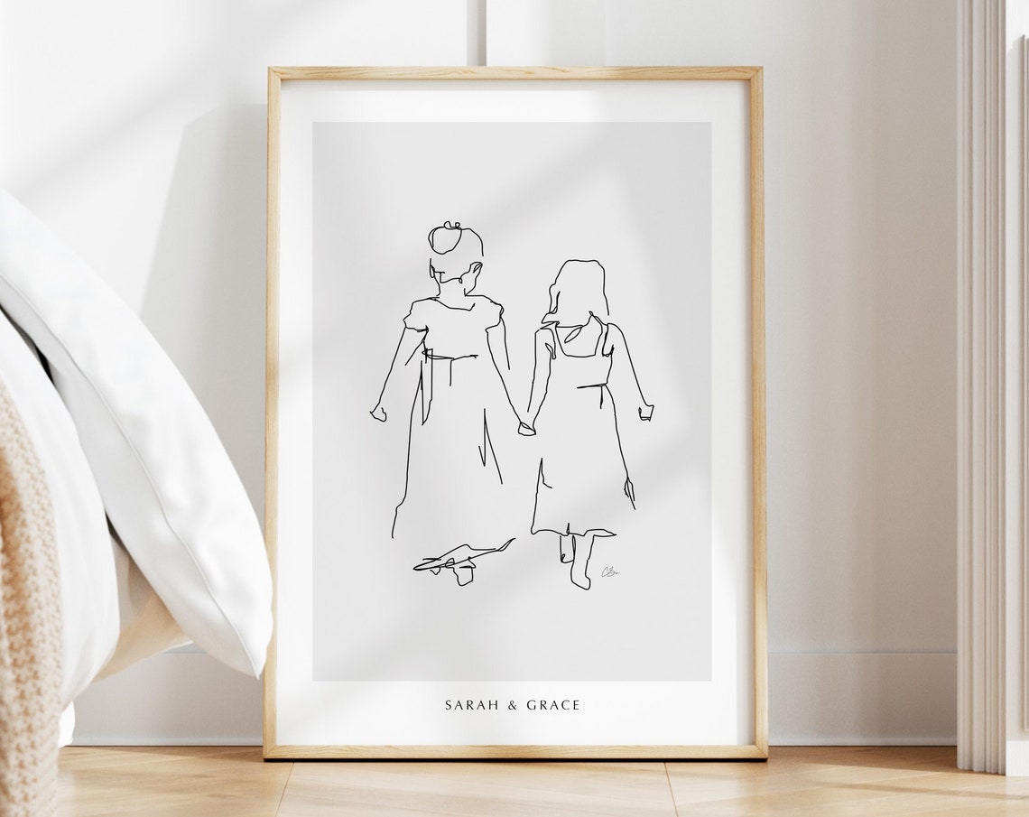 Personalised Two Sisters Walking Away Line Art Print for Her - Image 2