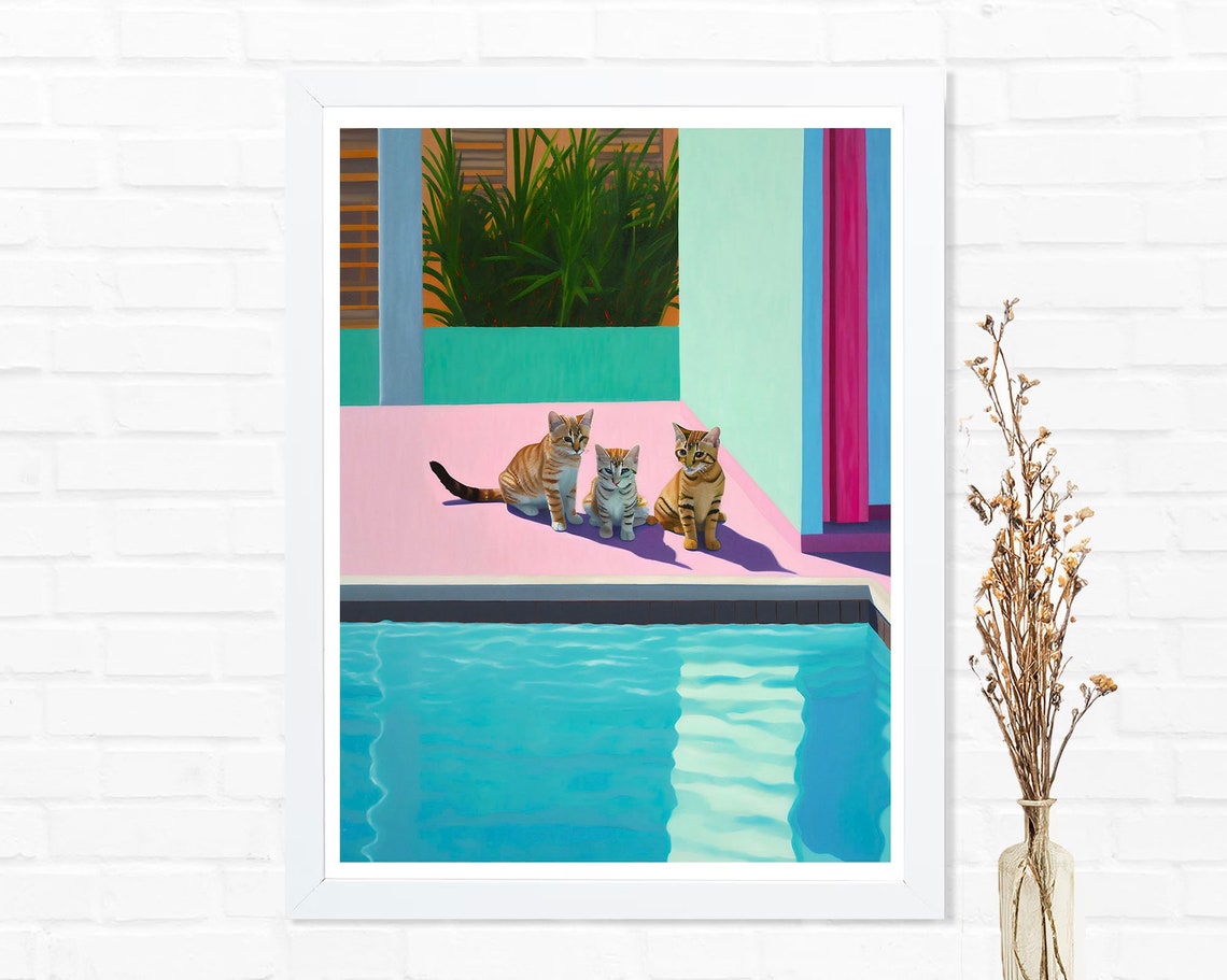 Three Kittens by the Pool Retro Poolside Cats Summer Decor Poster - Image 3