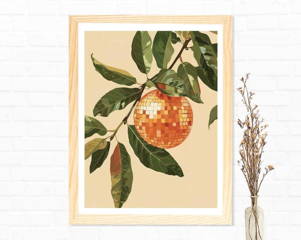 Disco Ball Orange on Branch Green Leaves Botanical Kitchen Poster
