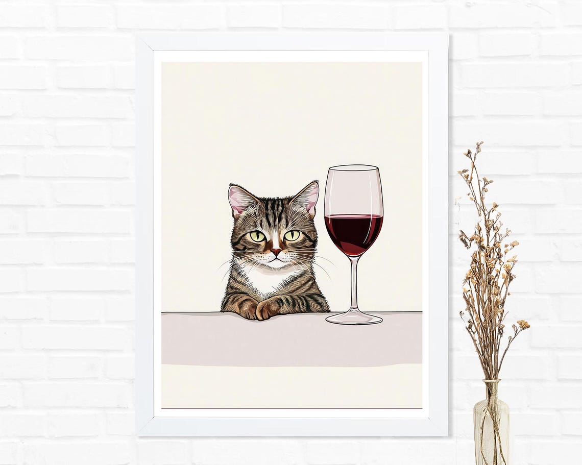 Tabby Cat with Red Wine Glass Cute Kitchen Cat Lover Decor Poster - Image 2