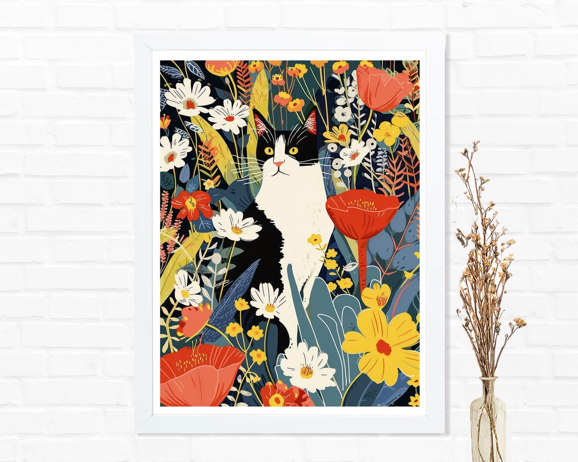 Black and White Cat in Flower Garden Colorful Botanical Cat Art Poster - Image 2