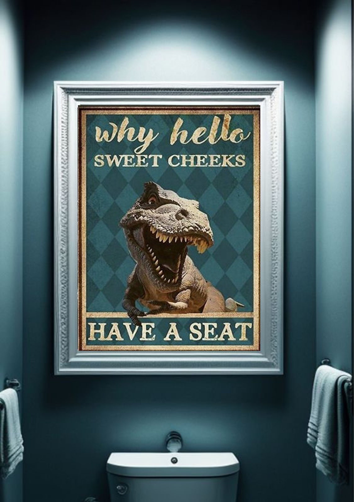 Why Hello Sweet Cheeks Dinosaur Wall Art For Bathroom Funny Art Home Decor Funy Wall Art - Image 3