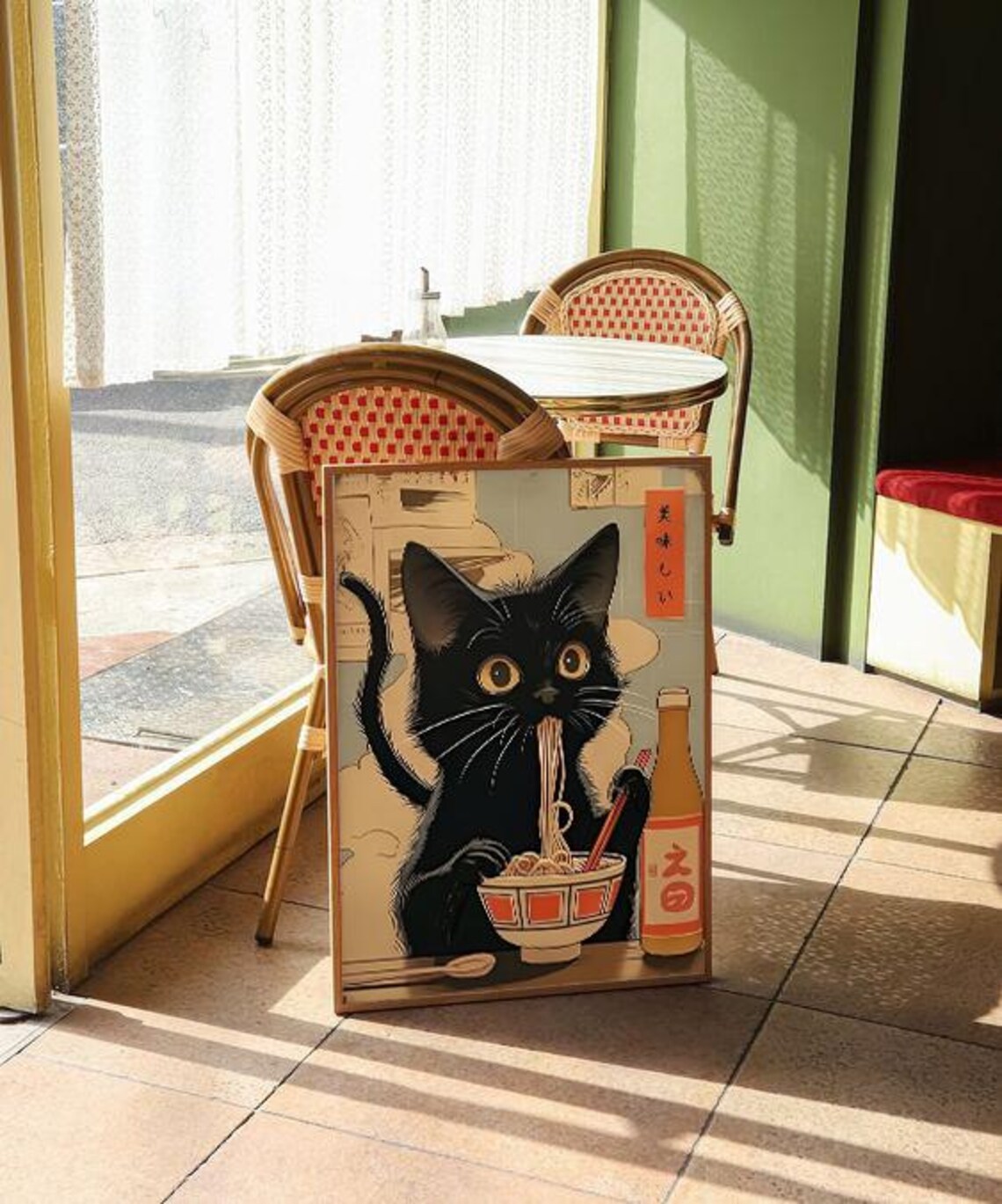 Black Cat Eating Ramen Chopsticks Vintage Japanese Art Poster - Image 3