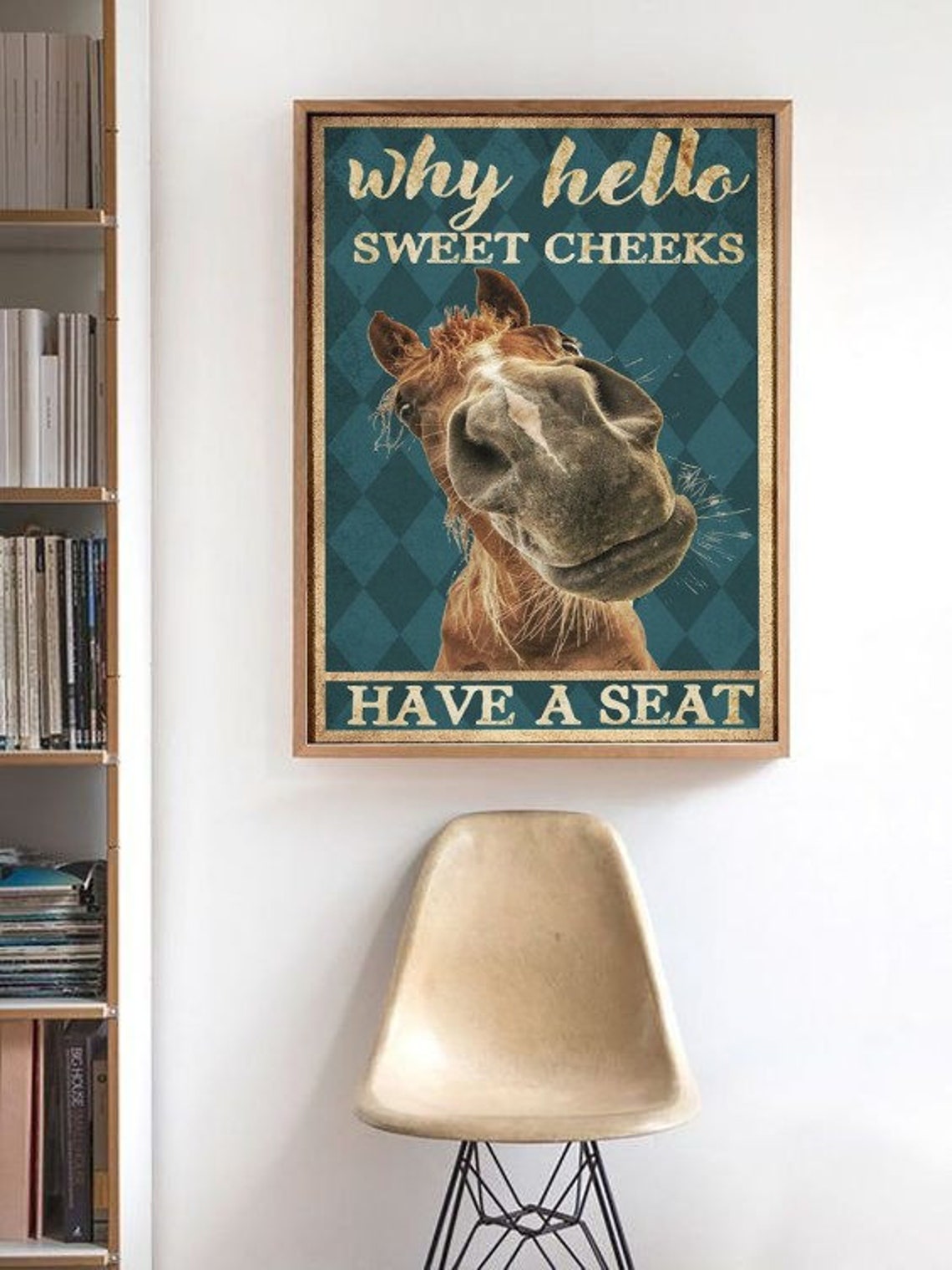 Why Hello Sweet Cheeks Funny Horse Teal Vintage Bathroom Poster - Image 2