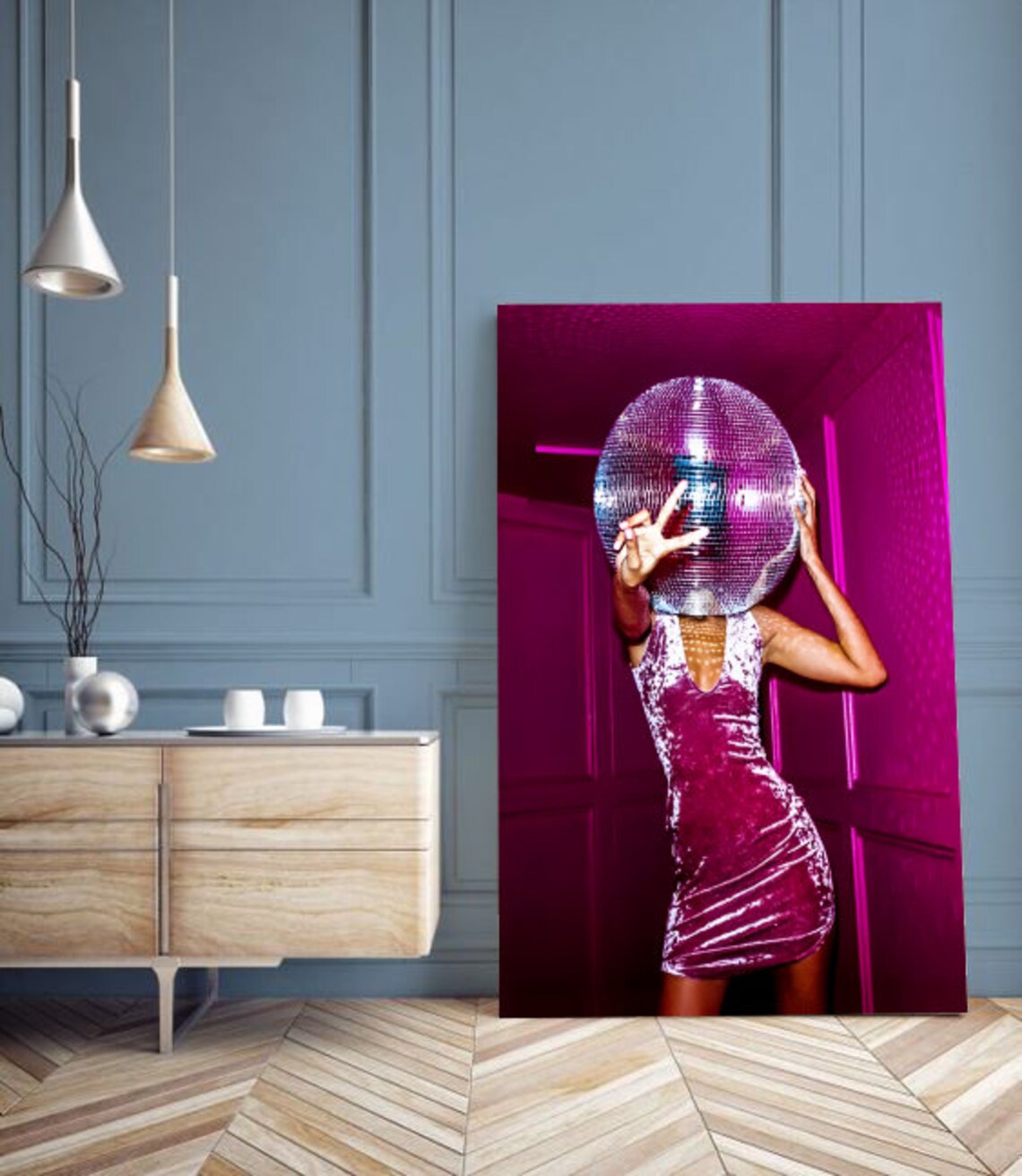 Disco Ball Head Girl Pink Velvet Dress Peace Sign Retro Poster - Image 3