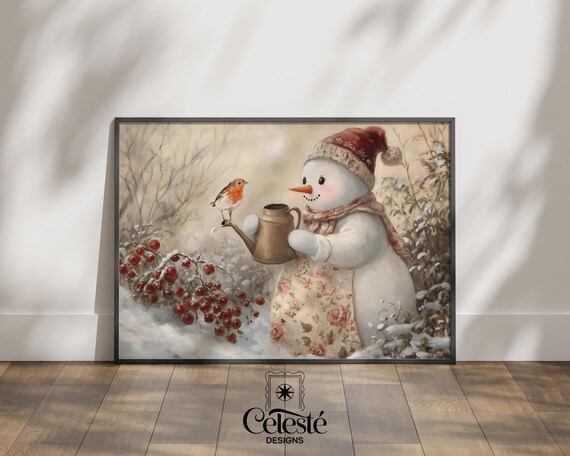 Vintage Snowman Christmas Print Robin Bird Berries Winter Holiday Kitchen Decor