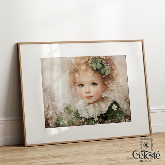 Irish Girl with Shamrock in Hair Vintage Portrait Nursery Print