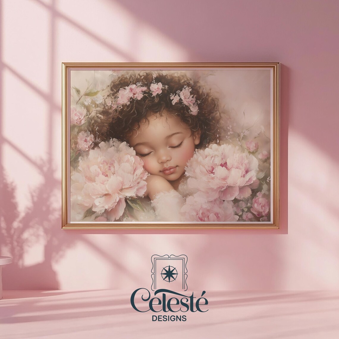Sleeping Little Girl Among Pink Peonies Soft Floral Nursery Art Poster